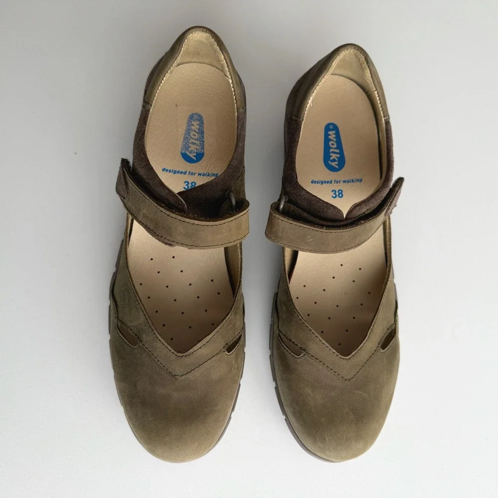 Wolky Charlotte EUC Comfort Wedge Olive Nubuck Mary Jane  Shoe EU 38 US 7 7.5